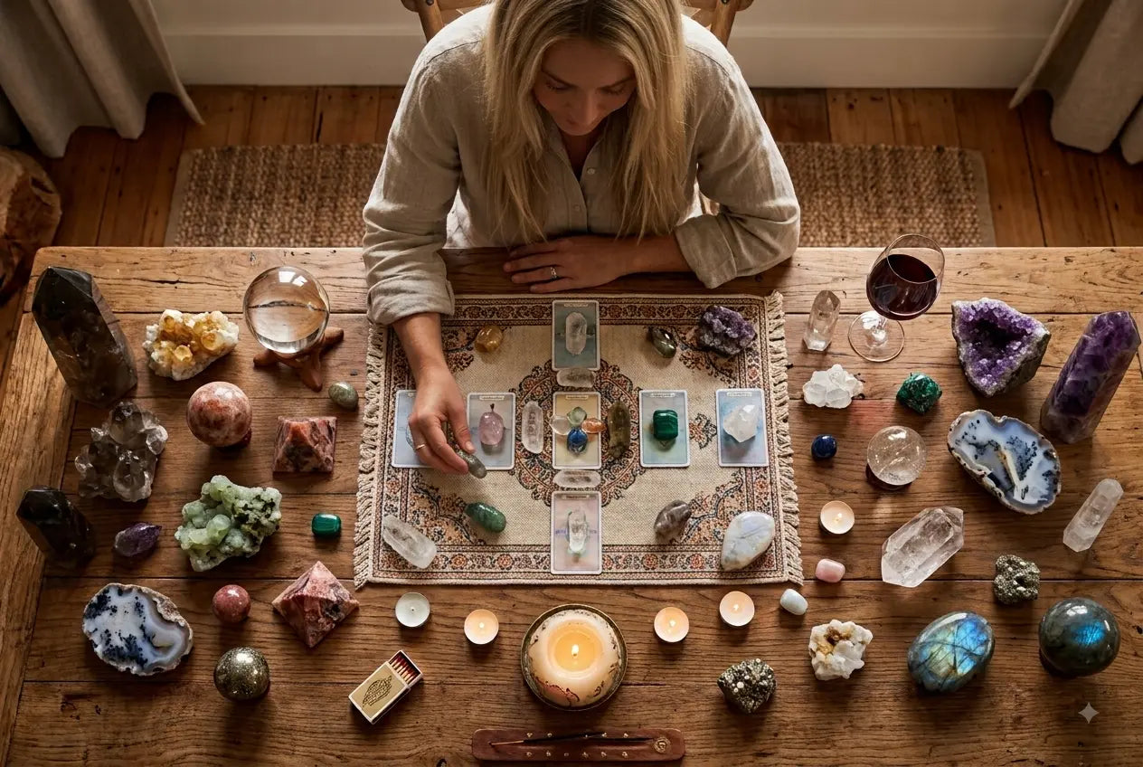 Woman setting intentions with healing crystals and tarot cards on a rustic wooden table for a spiritual practice.