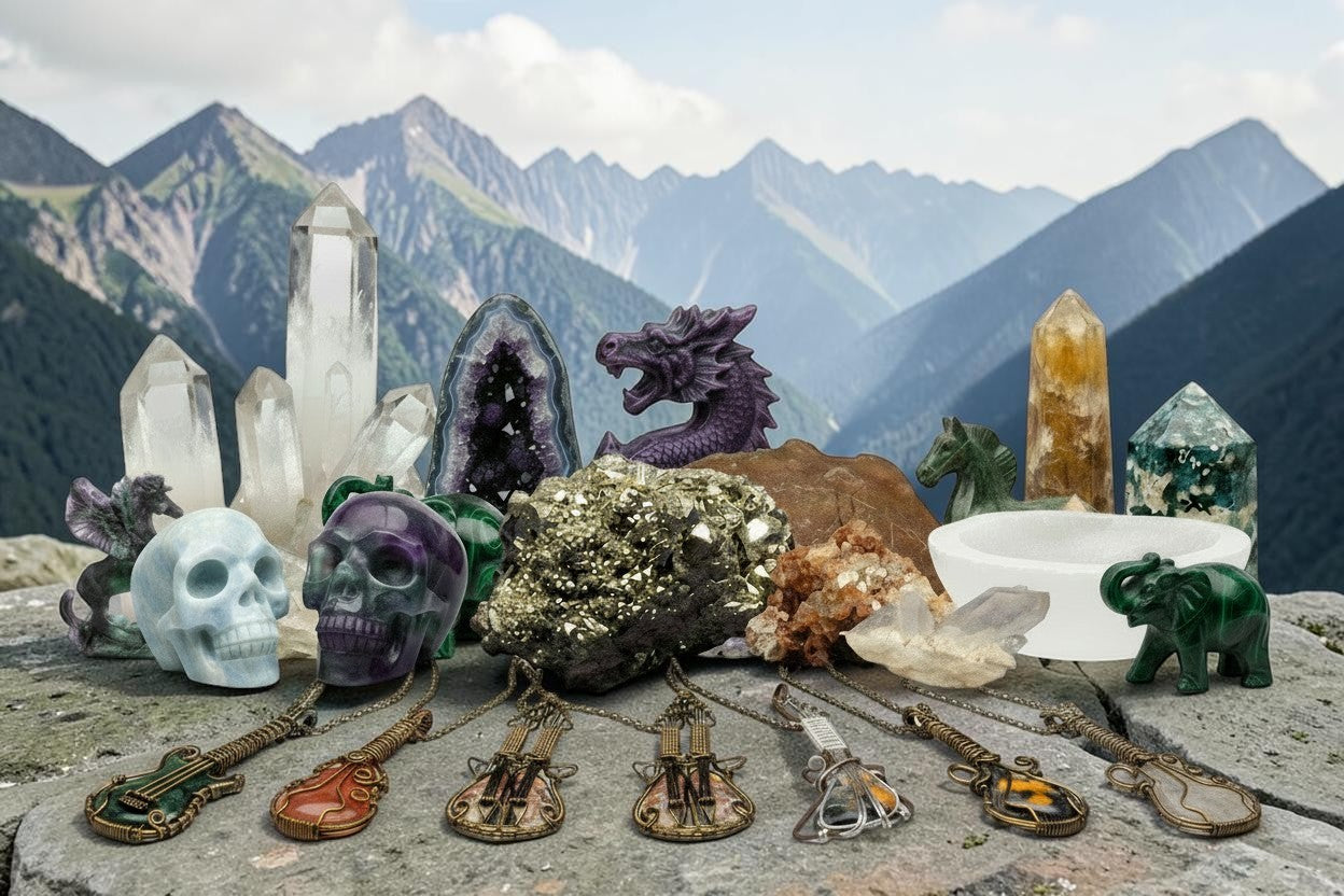 June Hero: Discover unique crystal skulls, dragon carvings, raw minerals, and guitar pendants against a majestic mountain backdrop.