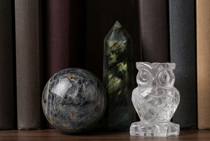 New Beginnings Crystal Bundle: Grey Moonstone sphere, Labradorite tower and Clear Quartz owl carving on a bookshelf