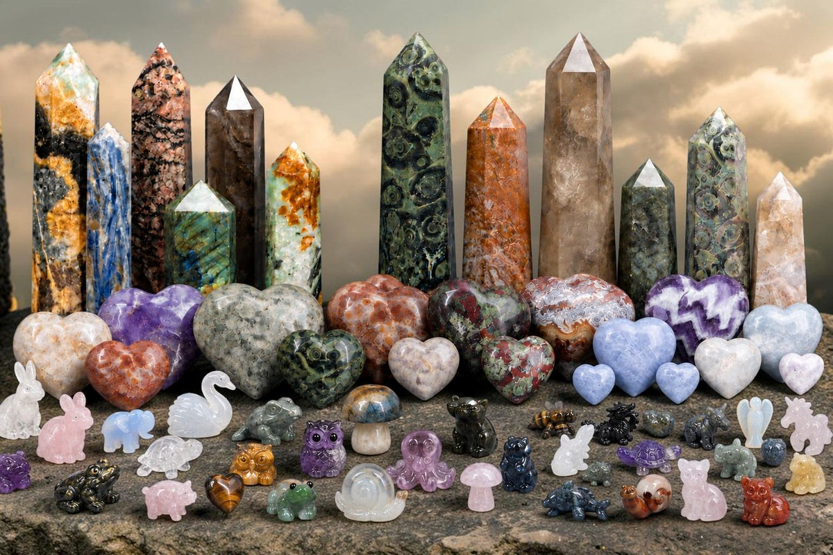 Collection of polished crystal towers, heart-shaped stones, and carved animal figurines for healing and home decor.