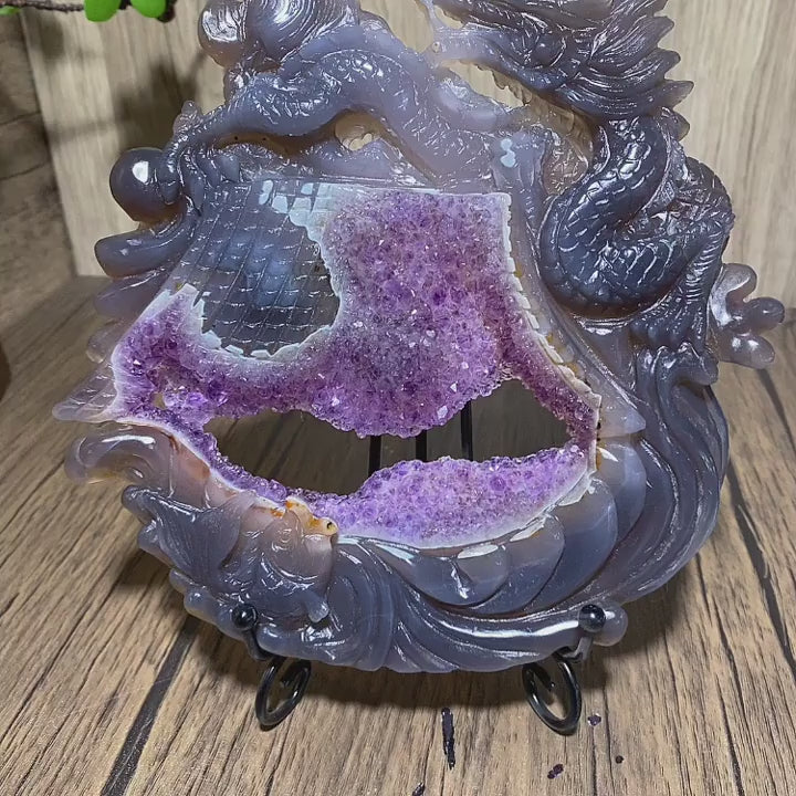 Druzy Amethyst Geode Dragon Carving | Hand Carved Crystal
