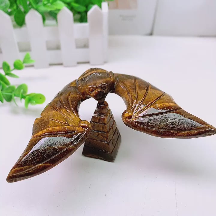 Tiger Eye Crystal Carved Spinning Bat with Pyramid Sculpture