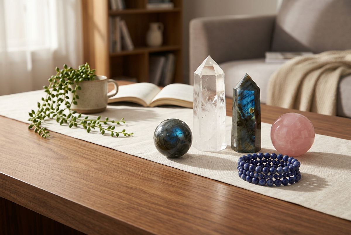 Best-selling crystals on a walnut coffee table: clear quartz and labradorite towers, rose quartz and labradorite spheres and a sodalite bracelet stack