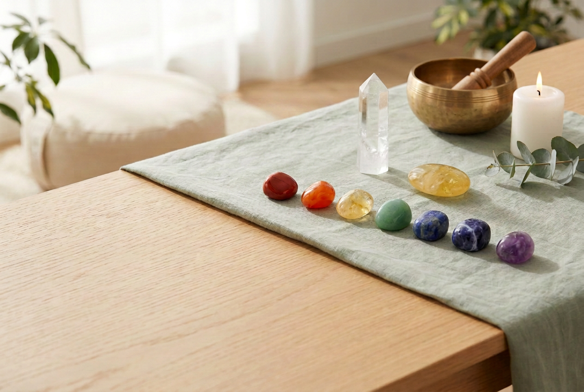 Seven chakra crystals in rainbow order with a clear quartz tower, citrine palm stone and singing bowl on a sage linen table