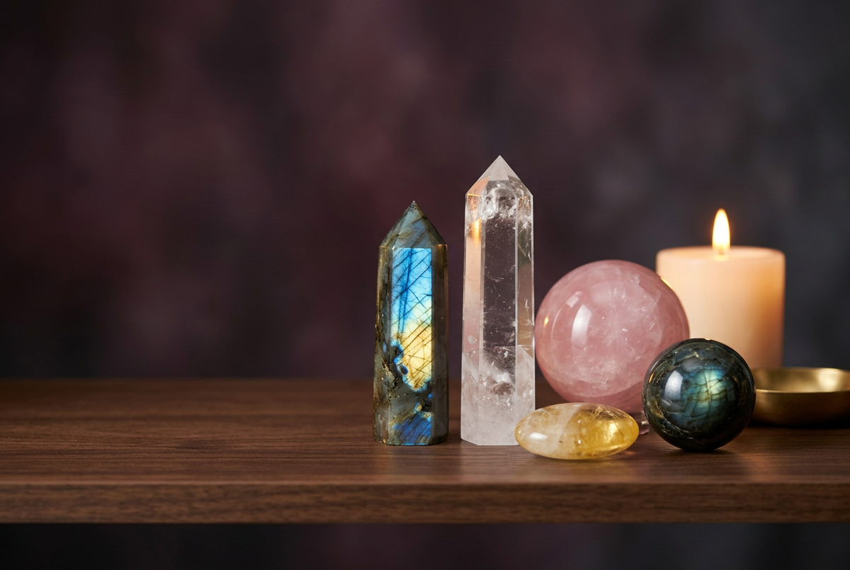 Labradorite and clear quartz towers, rose quartz and labradorite spheres and a citrine palm stone on a dark walnut shelf by candlelight