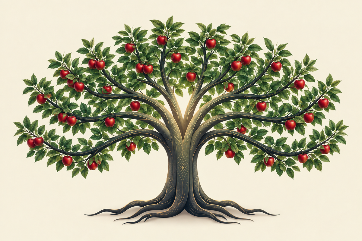 Illustration of a lush tree bearing red apples on a warm cream background.
