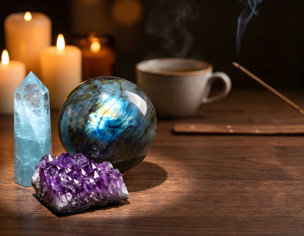 Aquarius season crystals by candlelight