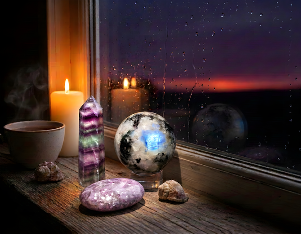 Pisces season crystals by candlelight