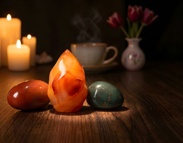 Aries season crystals by candlelight