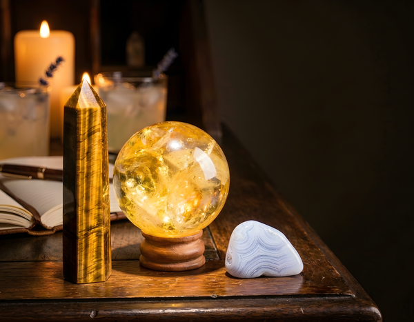 Gemini season crystals by candlelight