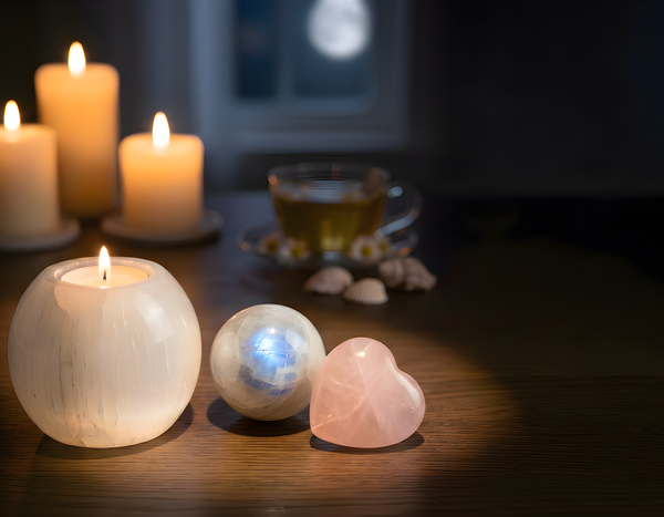Cancer season crystals by candlelight
