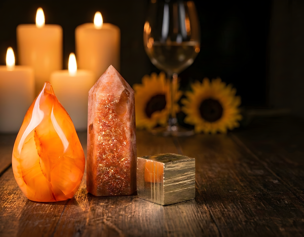 Leo season crystals by candlelight