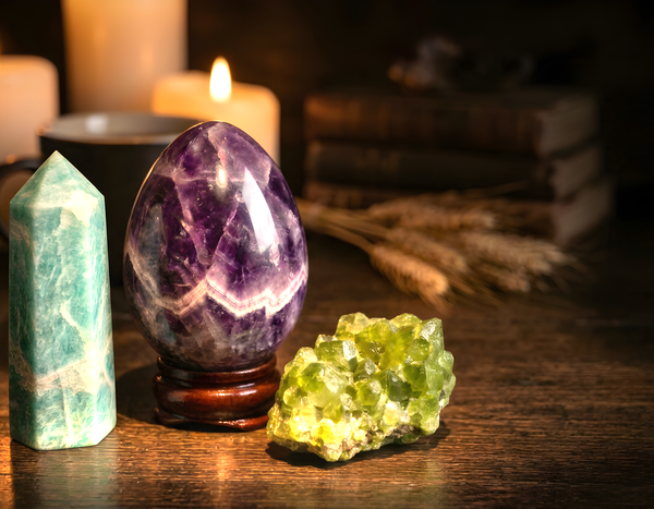 Virgo season crystals by candlelight