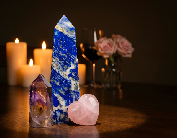 Libra season crystals by candlelight