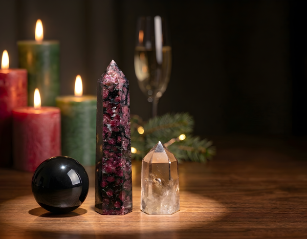 Capricorn season crystals by candlelight