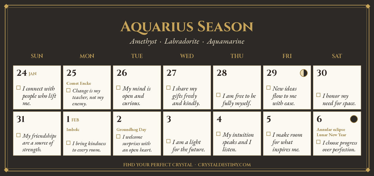 Close-up of the Aquarius Season date page in the 2027 Zodiac Season Crystal Calendar, with a daily affirmation, moon phases and Imbolc