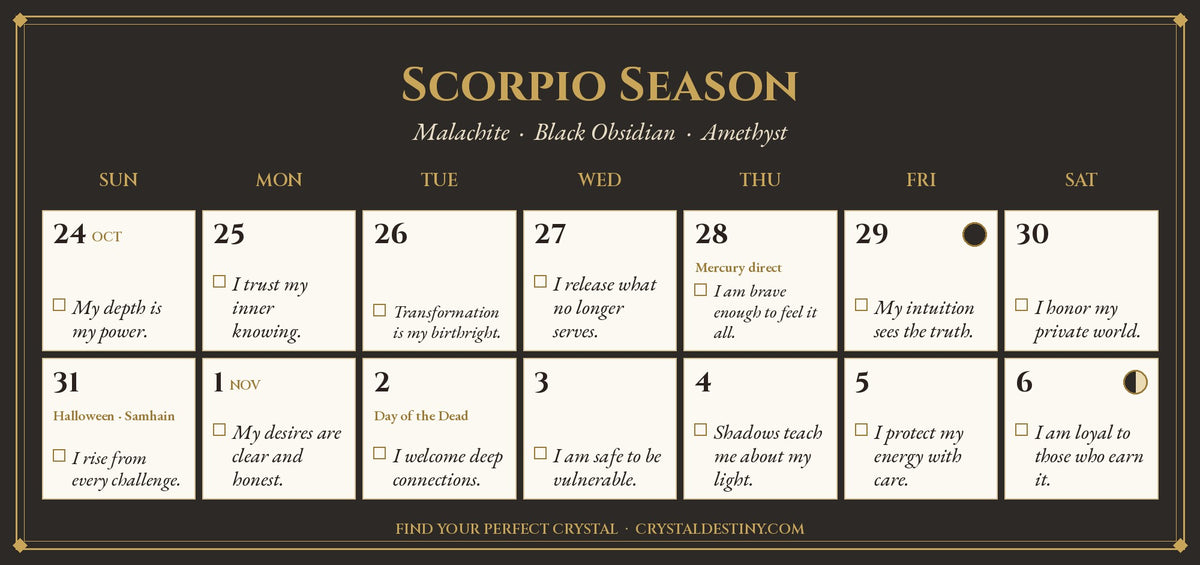 Close-up of the Scorpio Season date page in the 2027 Zodiac Season Crystal Calendar, with daily affirmations, Samhain and the new moon